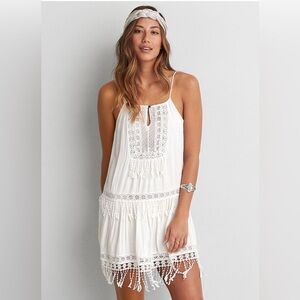 American Eagle Cottagecore Boho Dress Women XXS Strappy Tiered Fringe Off White